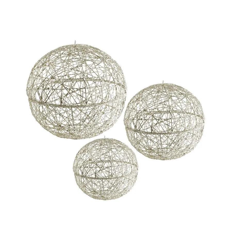 SET OF 3 Large Champagne Glitter Hanging Wire Balls Winterland