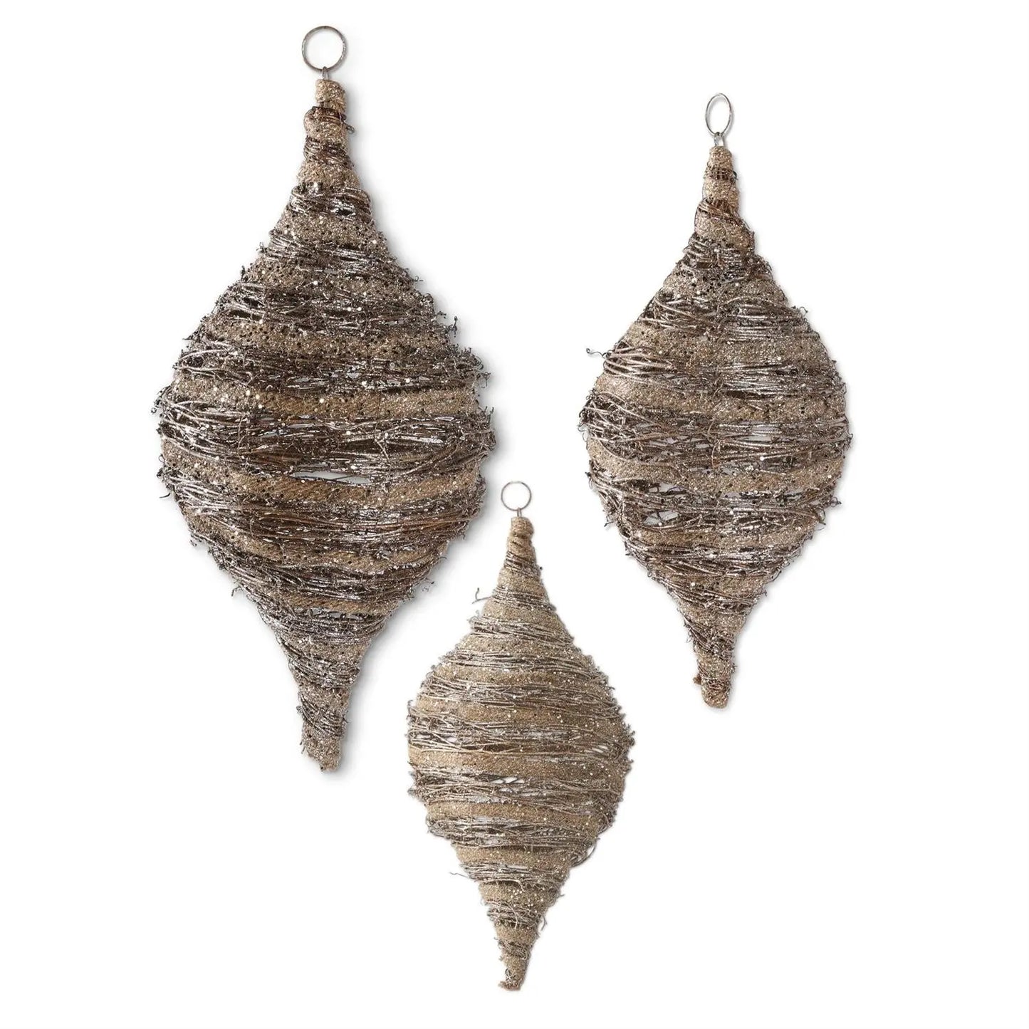 Glittered Rattan and Sisal Teardrop Ornaments Winterland