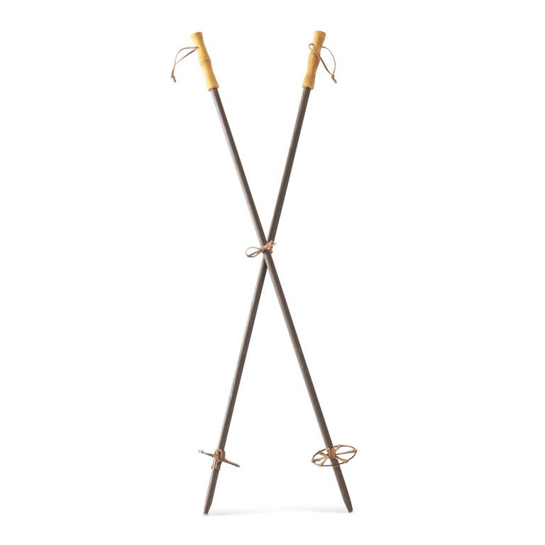 Brown & Natural Wood Pair of Ski Poles w/Leather Hanger