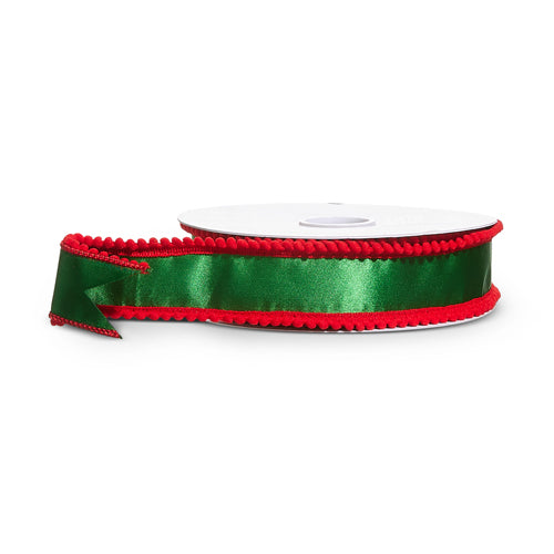 Green with Red Pom Pom Edge Wired Ribbon